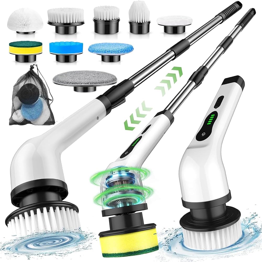 PowerSpin™ 9-in-1 Electric Rotating Cleaning Brush with Wireless, Replaceable Heads & Telescopic Handle