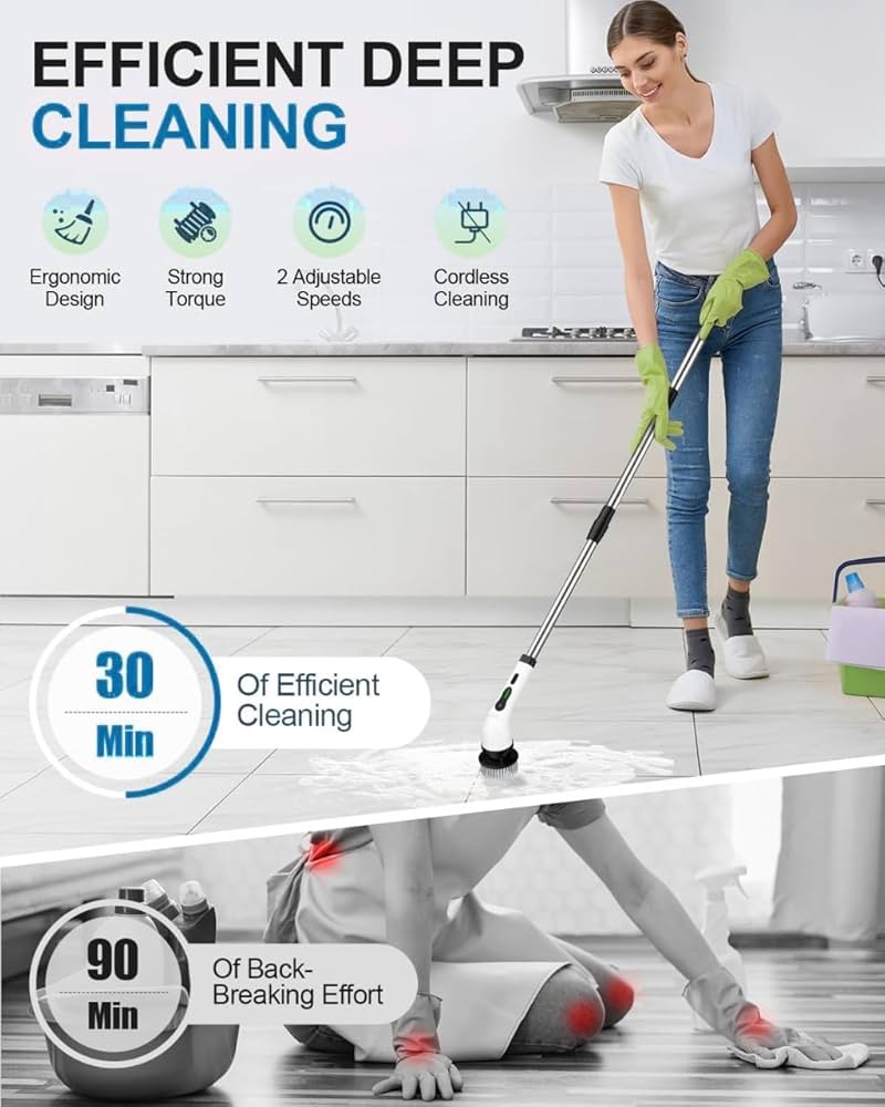 PowerSpin™ 9-in-1 Electric Rotating Cleaning Brush with Wireless, Replaceable Heads & Telescopic Handle