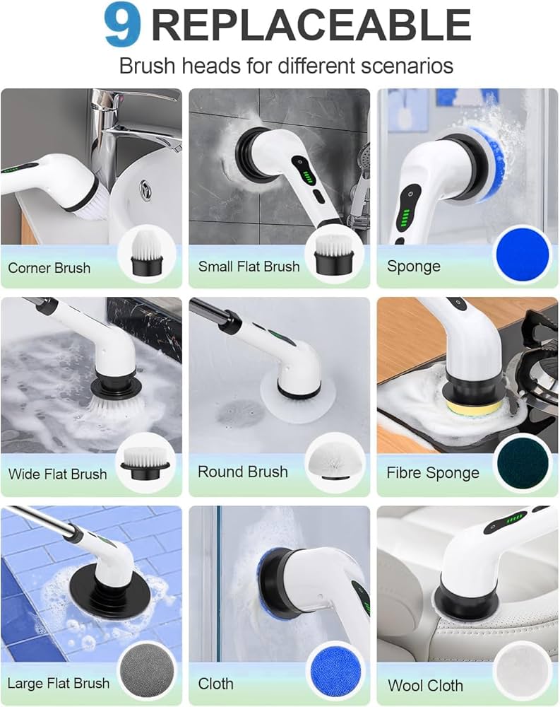 PowerSpin™ 9-in-1 Electric Rotating Cleaning Brush with Wireless, Replaceable Heads & Telescopic Handle