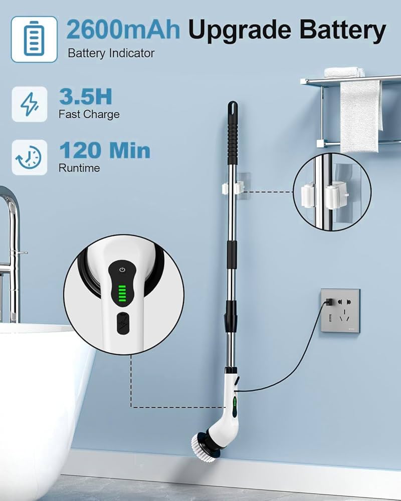PowerSpin™ 9-in-1 Electric Rotating Cleaning Brush with Wireless, Replaceable Heads & Telescopic Handle